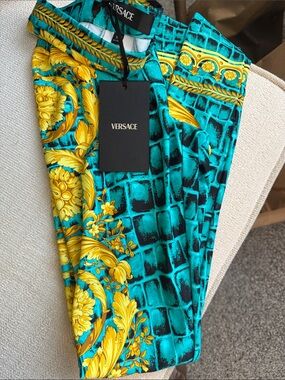 Versace Turquoise & Yellow Baroque Print Trousers